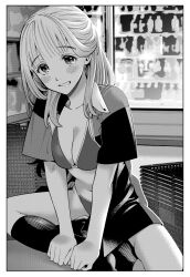 Rule 34 | 1girl, bikini, blush, border, breasts, chigarashi mahina, cleavage, greyscale, grocery basket, head tilt, highres, indoors, large breasts, long hair, looking at viewer, monochrome, nagashii kouhei, navel, official art, open clothes, open shirt, scary campus college university, smile, socks, solo, swimsuit, white border