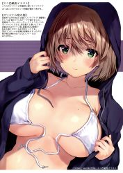 Rule 34 | 1girl, absurdres, bikini, blush, breasts, brown hair, cleavage, closed mouth, collarbone, front-tie bikini top, front-tie top, green eyes, highres, hood, hoodie, large breasts, looking at viewer, mataro (matarou), mole, mole on breast, open clothes, open hoodie, original, scan, short hair, signature, simple background, solo, swimsuit, untied bikini, white background, white bikini