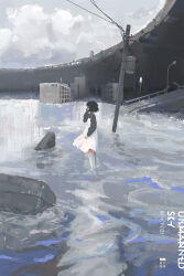 Rule 34 | 1girl, absurdres, airfish (lefko d), black hair, black sweater, building, cloud, cloudy sky, dress, flood, highres, original, outdoors, pinafore dress, power lines, short hair, sky, sleeveless, sleeveless dress, solo, standing, sweater, thighhighs, utility pole, water, white dress, white thighhighs