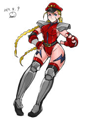 Rule 34 | 1girl, absurdres, alternate costume, armor, black thighhighs, blonde hair, blue eyes, braid, breasts, cammy white, cosplay, elbow gloves, fingerless gloves, gloves, greaves, hand on own hip, hat, highres, impossible clothes, leotard, long hair, m. bison, m bison (cosplay), peaked cap, samidare satsuki, scar, shoulder pads, simple background, solo, street fighter, street fighter iv (series), thighhighs, twin braids, white background, wide hips