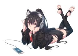 Rule 34 | 1girl, animal ear fluff, animal ears, black hair, black jacket, black shorts, black thighhighs, cellphone, closed mouth, commission, crop top, cropped jacket, groin, hands up, headphones, highres, iphone, jacket, legs up, long hair, long sleeves, looking at viewer, lying, micro shorts, midriff, on stomach, open clothes, open jacket, original, phone, podo (hrodvitnir), ponytail, red eyes, red shirt, second-party source, shirt, shorts, sleeveless, sleeveless shirt, smartphone, smile, solo, supernew, thighhighs, thighs, toeless legwear, very long hair, wolf ears, wrist belt