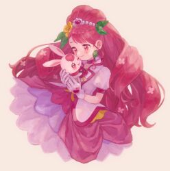 Rule 34 | 1girl, animal, choker, closed mouth, cure grace, dress, earrings, flower, gloves, hair flower, hair ornament, healin&#039; good precure, heart, heart hair ornament, highres, holding, holding animal, jewelry, koteko (chop of toilet), long hair, looking at another, magical girl, pink choker, pink eyes, pink hair, precure, puffy short sleeves, puffy sleeves, rabbit, rabirin (precure), short sleeves, sidelocks, simple background, smile, very long hair, white gloves