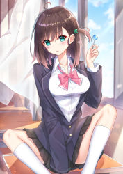 Rule 34 | 1girl, ahoge, black jacket, black skirt, blazer, blue sky, blush, bow, bowtie, breasts, brown hair, candy, cloud, collared shirt, commentary request, curtains, day, desk, feet out of frame, food, green eyes, hair between eyes, hair ornament, hand up, highres, holding, holding candy, holding food, holding lollipop, indoors, jacket, kneehighs, lollipop, long sleeves, medium breasts, on desk, one side up, original, parted lips, pink bow, pink bowtie, pleated skirt, school desk, school uniform, shirt, sitting, skirt, sky, socks, solo, spread legs, sunlight, t@ke-g, transparent, white shirt, white socks, window