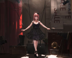 Rule 34 | 1girl, absurdres, banner, black dress, black footwear, black hat, boots, breasts, brown hair, cleavage, desk, doll joints, dress, hat, highres, indoors, joints, ladder, long hair, looking at viewer, marionette, medium breasts, mini hat, original, phonograph, puppet, red curtains, shadow, solo, stage lights, standing, tilted headwear, unworn boots, video camera, yido (yidoarts)