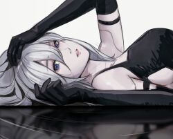 Rule 34 | 1girl, a2 (nier:automata), android, bare shoulders, blue eyes, breasts, elbow gloves, gloves, grey hair, hair between eyes, hand on own head, highres, joints, large breasts, long hair, lying, mole, mole under mouth, nier:automata, nier (series), notgustiarp, on back, parted lips, reflection, robot joints, sketch, solo