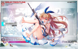 Rule 34 | 1girl, 2021, animal ears, assault rifle, bare legs, barefoot, blonde hair, blue panties, blush, bra, breasts, character name, christmas, christmas ornaments, copyright name, english text, fake animal ears, fn fnc, fnc (girls&#039; frontline), fnc (raise the christmas elf) (girls&#039; frontline), full body, girls&#039; frontline, gloves, green eyes, gun, hair between eyes, hair ornament, hairclip, holding, holding gun, holding weapon, legs, long hair, looking away, medium breasts, merry christmas, no shoes, official alternate costume, official art, on floor, one eye closed, open mouth, panties, partially fingerless gloves, promotional art, rifle, scarf, shenbei xiaoqiu, sideboob, simple background, sitting, soles, solo, toes, torn bra, torn clothes, torn scarf, underwear, weapon, white gloves, white scarf