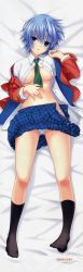 Rule 34 | 10s, 1girl, 2010, absurdres, bed, bed sheet, between breasts, black socks, blue eyes, blue hair, blue shirt, blue skirt, blush, breasts, buttons, clapworks, cleavage, clothes lift, copyright name, dakimakura (medium), dress shirt, feet, female focus, fingernails, full body, hair between eyes, hand on own stomach, head tilt, highres, huge filesize, igami yukari, kisaragi mizu, kneehighs, knees, legs, long image, long sleeves, looking at viewer, lying, matching hair/eyes, morobito kozorite ~joy to the world! the lord is come~, necktie, no bra, no shoes, off shoulder, on back, open clothes, open mouth, open shirt, open skirt, panties, pantyshot, plaid, plaid skirt, pleated skirt, red shirt, scan, school uniform, shiny skin, shirt, short hair, skirt, skirt lift, socks, solo, tall image, text focus, thighs, toes, unbuttoned, underboob, underwear, uniform, unzipped, wavy hair, white panties, white shirt, zipper