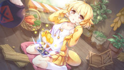 Rule 34 | 1girl, artist request, basket, bidiu (the legend of luoxiaohei), blush, breasts, brown eyes, camisole, carrot, cleavage, creature, creature and personification, hands up, highres, indoors, long sleeves, looking at viewer, open mouth, personification, phone, pillow, plant, pleated skirt, potted plant, shadow, sitting, skirt, sleeves past wrists, socks, solo, sweater, luo xiaohei zhanji, wariza, white camisole, white socks, wood, yellow skirt, yellow sweater