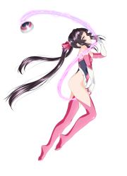Rule 34 | 10s, 1girl, black hair, blush, bow, breasts, elbow gloves, erufa (pixiv), from side, full body, gloves, hair bow, highleg, highleg leotard, highres, leotard, long hair, looking at viewer, parted lips, pink eyes, pink leotard, pink thighhighs, profile, senki zesshou symphogear, shiny clothes, small breasts, thighhighs, transparent background, tsukuyomi shirabe, twintails, very long hair, yo-yo
