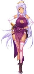 Rule 34 | 1girl, :o, absurdres, blue eyes, boots, breasts, china dress, chinese clothes, cleavage, cleavage cutout, clothing cutout, detached sleeves, dress, full body, garter belt, garter straps, gloves, hands on own hips, highres, hikage eiji, koihime musou, kougai, large breasts, light purple hair, long hair, looking at viewer, mole, mole under mouth, official art, open mouth, pelvic curtain, ponytail, sidelocks, silver hair, simple background, single glove, sleeveless, smile, solo, standing, thighhighs, transparent background, very long hair, white background