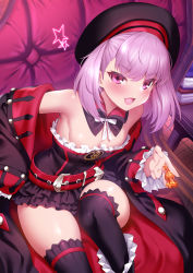 Rule 34 | 1girl, bare shoulders, belt, black coat, black dress, black hat, black thighhighs, blush, breasts, candy, coat, detached collar, dress, fate/grand order, fate (series), food, hat, helena blavatsky (fate), helena blavatsky (third ascension) (fate), highres, long sleeves, looking at viewer, m-da s-tarou, off shoulder, open clothes, open coat, open mouth, purple eyes, purple hair, short dress, short hair, sitting, small breasts, smile, solo, thighhighs, thighs