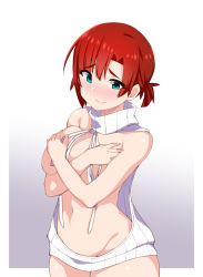 Rule 34 | 1girl, 3:, aqua eyes, arms at sides, backless dress, backless outfit, blush, border, boudica (fate), breasts, closed mouth, covering privates, covering breasts, cowboy shot, curvy, drawstring, dress, embarrassed, fate/grand order, fate (series), gradient background, green eyes, halterneck, kanihara taraba, large breasts, looking at viewer, looking down, meme attire, naked sweater, navel, parted bangs, red hair, ribbed sweater, short hair, solo, sweater, sweater dress, thighs, turtleneck, turtleneck sweater, upper body, virgin killer sweater, wardrobe error, white border, wide hips