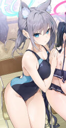 Rule 34 | 2girls, absurdres, animal ear fluff, animal ears, black hair, blue archive, blush, breasts, chair, cleavage, earrings, extra ears, grey hair, hair ornament, hairclip, halo, highres, jewelry, jjjsss, looking at viewer, medium breasts, multiple girls, official alternate costume, one-piece swimsuit, ponytail, school chair, serika (blue archive), serika (swimsuit) (blue archive), shiroko (blue archive), shiroko (swimsuit) (blue archive), solo focus, swimsuit, twintails, umbrella, wolf ears