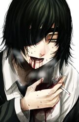 Rule 34 | 1girl, black hair, black jacket, black necktie, blood, blood from mouth, blood on clothes, blood on face, blood on hands, chainsaw man, cigarette, collared shirt, dying, eyepatch, formal, green eyes, himeno (chainsaw man), holding, holding cigarette, hoshi san 3, jacket, looking at viewer, necktie, off shoulder, open mouth, shirt, short hair, smoke, solo, suit, suit jacket, sweat, white shirt