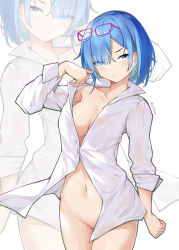 Rule 34 | &gt;:), 1girl, absurdres, alternate costume, arm up, blue eyes, blue hair, blush, breasts, cleavage, closed mouth, collared shirt, cowboy shot, eyes visible through hair, eyewear on head, glasses, groin, hair over one eye, highres, long sleeves, looking at viewer, medium breasts, naked shirt, navel, no bra, no panties, open clothes, open shirt, partially unbuttoned, pink-framed eyewear, re:zero kara hajimeru isekai seikatsu, rem (re:zero), shirt, short sleeves, simple background, smile, solo, stomach, twitter username, unbuttoned, unbuttoned shirt, v-shaped eyebrows, white background, white shirt, yimiao, zoom layer