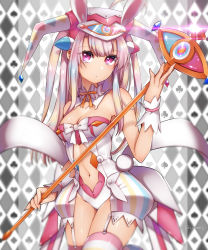 Rule 34 | 1girl, argyle, argyle background, argyle clothes, bare shoulders, beatmania, beatmania iidx, bow, breasts, cleavage, clothing cutout, cowboy shot, detached collar, garter straps, gem, glint, hat, heart, heart-shaped pupils, holding, leotard, long hair, lopica, magical girl, maru (sw1tch), medium breasts, multicolored hair, navel, navel cutout, pink eyes, pink hair, rod, sidelocks, simple background, solo, staff, standing, strapless, symbol-shaped pupils, thighhighs, wand