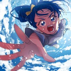 Rule 34 | 1girl, aoi tete, artist logo, blue hair, blue shirt, blue sky, bow, cloud, cloudy sky, day, floating, foreshortening, frown, hair bow, highres, hirogaru sky! precure, looking at viewer, medium hair, open mouth, outdoors, precure, reaching, reaching towards viewer, shirt, short sleeves, side ponytail, sky, solo, sora harewataru, sweatdrop, yellow bow