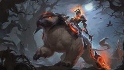 Rule 34 | 1girl, animal, armor, bare tree, bird, bristle, cloud, covered eyes, facing to the side, glowing, glowing eyes, helmet, highres, holding, holding weapon, league of legends, legends of runeterra, moon, night, official art, red eyes, riding, sejuani, shoulder armor, sitting, solar eclipse sejuani, tent, tree, weapon