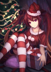 Rule 34 | 1girl, absurdres, artist name, box, catsmoon, christmas tree, gift, gift box, gradient hair, hat, highres, mitsuka souji, multicolored hair, ore twintail ni narimasu, red eyes, red hair, red thighhighs, santa hat, sitting, striped clothes, striped thighhighs, tailred, thighhighs, twintails
