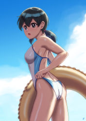 Rule 34 | 1girl, absurdres, ass, black eyes, black hair, breasts, casual one-piece swimsuit, clothes pull, cowboy shot, doraemon, from behind, highres, innertube, low twintails, medium breasts, minamoto shizuka, one-piece swimsuit, one-piece swimsuit pull, qiannian zuojia, solo, swim ring, swimsuit, twintails, white one-piece swimsuit