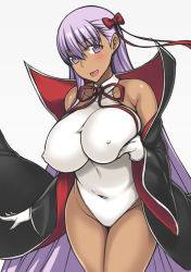 Rule 34 | 1girl, bare shoulders, bb (fate), bb (fate/extra), bb (swimsuit mooncancer) (third ascension) (fate), black cape, blush, breast lift, breasts, cape, commentary request, covered collarbone, covered erect nipples, covered navel, darabuchi, dark-skinned female, dark skin, eyes visible through hair, fate/grand order, fate (series), gloves, grey background, hair ribbon, halterneck, large breasts, legs together, leotard, long hair, looking at viewer, open mouth, purple eyes, purple hair, red ribbon, ribbon, simple background, solo, standing, very long hair, white gloves, white leotard