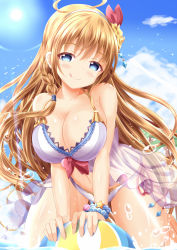 Rule 34 | 1girl, ball, bare arms, bare shoulders, beachball, bikini, blue eyes, blue sky, blush, bracelet, braid, breasts, brown hair, cleavage, cloud, cloudy sky, collarbone, commentary request, day, fingernails, hair between eyes, hair ribbon, half-closed eyes, highres, jewelry, large breasts, leaning forward, long hair, outdoors, pearl bracelet, pecorine (princess connect!), pecorine (summer) (princess connect!), princess connect!, red ribbon, ribbon, seashell, see-through, shell, side-tie bikini bottom, side braid, sky, solo, split mouth, starfish, swimsuit, very long hair, water, white bikini, xenon (for achieve)
