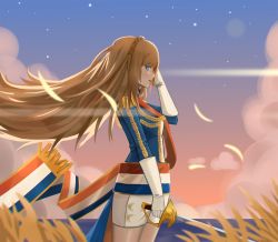 Rule 34 | 1girl, absurdly long hair, blue eyes, blush, breasts, brown hair, cowboy shot, elbow gloves, gloves, highres, holding, holding sword, holding weapon, kkgsama, long hair, long sleeves, looking at viewer, medium breasts, outdoors, parted lips, richelieu (warship girls r), sky, solo, sword, very long hair, warship girls r, weapon, white gloves