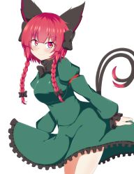 Rule 34 | 1girl, absurdres, animal ears, black bow, bow, braid, cat ears, cat tail, closed mouth, cowboy shot, dress, frilled dress, frills, green dress, hair bow, highres, juliet sleeves, kaenbyou rin, long hair, long sleeves, looking at viewer, multiple tails, nekomata, puffy sleeves, red bow, red eyes, red hair, seo haruto, side braids, simple background, smile, solo, standing, tail, touhou, twin braids, two tails, white background