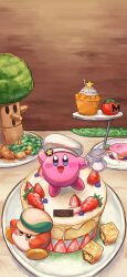 Rule 34 | :d, absurdres, cake, chef hat, cupcake, food, food focus, fruit, hat, highres, holding, icing, kirby, kirby (series), nintendo, no humans, on food, open mouth, pastry, plate, rtb (jbsb8423), smile, strawberry, tomato, tree, waddle dee
