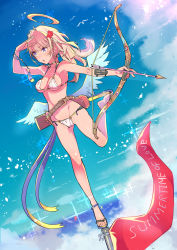 Rule 34 | 1girl, arm up, arrow (projectile), balancing, belt, bikini, blonde hair, blue eyes, blue sky, blush, bow (weapon), breasts, cloud, cloudy sky, day, dutch angle, flag, flower, hair flower, hair ornament, halo, leg up, long hair, looking to the side, medium breasts, ocean, open mouth, original, outdoors, pouch, red flower, sandals, sidelocks, sky, solo, sparkle, standing, standing on one leg, swimsuit, tajima ryuushi, weapon, white bikini