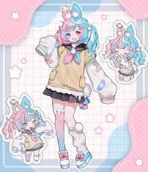 Rule 34 | 1girl, absurdres, animal ear fluff, animal ears, aqua hair, bandaid, black skirt, blue background, blue eyes, blue footwear, blush, checkered background, chibi, chibi inset, closed eyes, commentary request, drop shadow, fuinagi (huyuu mm), full body, gradient legwear, grid background, hair ornament, hairclip, heterochromia, highres, icing, long sleeves, looking at viewer, multicolored hair, open mouth, original, pink background, pink eyes, pink hair, platform footwear, pleated skirt, rabbit ears, single leg warmer, single thighhigh, skirt, sleeves past fingers, sleeves past wrists, smile, sprinkles, sweater vest, thighhighs, twintails, two-tone hair, white background