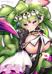 Rule 34 | 10s, 1girl, :3, black dress, black gloves, blush, breasts, character name, cisyo, cleavage, closed mouth, commentary request, copyright name, dress, fang, fang out, gloves, green hair, hair ornament, heart, highres, large breasts, last period, long hair, long sleeves, looking at viewer, meldia (last period), purple eyes, solo, spoken heart, v-shaped eyebrows, very long hair, white background, wide sleeves