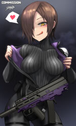 Rule 34 | 1girl, black bodysuit, blush, bodysuit, breasts, brown hair, bullpup, collarbone, commission, gun, hair over one eye, heart, highres, licking lips, looking at viewer, medium breasts, naughty face, original, short hair, skeb commission, solo, spoken heart, submachine gun, sunao (70 the), suppressor, tongue, tongue out, undressing, weapon, yellow eyes