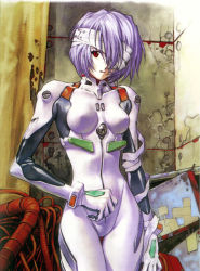 Rule 34 | 1girl, ayanami rei, bandage over one eye, bandages, blue hair, bodysuit, bracer, breasts, cable, cleaned, cowboy shot, eyepatch, gloves, hair between eyes, highres, impossible bodysuit, impossible clothes, looking at viewer, neon genesis evangelion, official art, pale skin, parted lips, pilot suit, plugsuit, red eyes, ruins, sadamoto yoshiyuki, scan, short hair, signature, skinny, small breasts, solo, thigh gap, turtleneck
