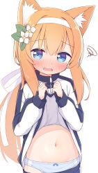 Rule 34 | 1girl, animal ear fluff, animal ears, ayanepuna, blue archive, blue eyes, blue panties, blush, bow, bow panties, clothes lift, commentary, embarrassed, flower, gym uniform, hair flower, hair ornament, hairband, highres, jacket, jacket lift, lifted by self, long hair, looking at viewer, mari (blue archive), mari (track) (blue archive), navel, no halo, official alternate costume, orange hair, panties, simple background, solo, squiggle, stomach, sweatdrop, tearing up, track jacket, underwear, white background, white hairband