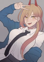 Rule 34 | 1girl, arm up, black necktie, black pants, blonde hair, blue jacket, breasts, chainsaw man, collared shirt, cross-shaped pupils, dress shirt, fangs, grey background, highres, jacket, light blush, long hair, looking at viewer, medium breasts, miviy19, necktie, off shoulder, open mouth, pants, power (chainsaw man), sharp teeth, shirt, shirt partially tucked in, solo, symbol-shaped pupils, teeth, twitter username, upper body, v, white shirt, yellow eyes