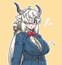 Rule 34 | 1girl, acesrulez, blue jacket, blush, bow, bowtie, brown eyes, collared shirt, commentary request, hair over one eye, jacket, kemono friends, kemono friends 3, long hair, long sleeves, official alternate costume, ox ears, ox girl, ox horns, popped button, red neckwear, school uniform, shirt, sweatdrop, twintails, upper body, white hair, white shirt, yak (kemono friends)