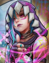 1girl absurdres ai_shou arcane:_league_of_legends arcane_jinx arm_tattoo artist_name blue_hair character_name cloud_tattoo commentary english_commentary fingerless_gloves gloves highres hood hood_up jinx_(league_of_legends) league_of_legends multicolored_hair tattoo two-tone_hair