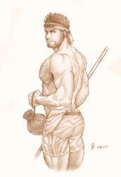 Rule 34 | 1boy, arm hair, ass, back, bad id, bad pixiv id, bara, beard, brown theme, chest hair, cropped legs, facial hair, from behind, frown, graphite (medium), hairy, headband, highres, holding, holding polearm, holding weapon, large pectorals, leg hair, looking at viewer, male focus, mature male, monochrome, muscular, muscular male, navel hair, nipples, original, pectorals, polearm, saolin (wudangx), short hair, shorts, solo, spiked hair, thighs, topless male, traditional media, weapon