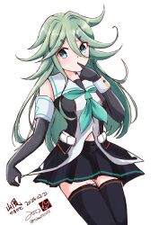 Rule 34 | 1girl, alternate hairstyle, black gloves, black ribbon, black serafuku, breasts, character name, commentary request, cowboy shot, dated, elbow gloves, gloves, green eyes, green hair, green neckerchief, hair between eyes, hair ornament, hairclip, kantai collection, long hair, looking at viewer, michaelsch55, neckerchief, ribbon, school uniform, serafuku, small breasts, solo, yamakaze (kancolle), yamakaze kai ni (kancolle)