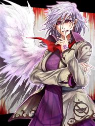 Rule 34 | 1girl, finger to mouth, gradient background, jacket, kishin sagume, open clothes, open jacket, pointy ears, red eyes, ryuuichi (f dragon), silver hair, single wing, solo, tattoo, touhou, white wings, wings