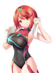 Rule 34 | black one-piece swimsuit, breasts, chest jewel, competition swimsuit, highres, large breasts, one-piece swimsuit, pyra (pro swimmer) (xenoblade), pyra (xenoblade), red eyes, red hair, red one-piece swimsuit, ribbed swimsuit, sebu illust, short hair, strapless, strapless one-piece swimsuit, striped clothes, striped one-piece swimsuit, swept bangs, swimsuit, two-tone swimsuit, vertical-striped clothes, vertical-striped one-piece swimsuit, xenoblade chronicles (series), xenoblade chronicles 2
