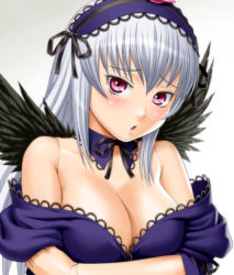 Rule 34 | 00s, 1girl, bare shoulders, blush, breasts, cleavage, detached collar, doll joints, hairband, ichikawa masahiro, joints, large breasts, no bra, off shoulder, purple eyes, rozen maiden, silver hair, solo, suigintou, undressing, upper body, wings