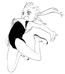 Rule 34 | 1girl, child, fang, female focus, jumping, monochrome, one-piece swimsuit, open mouth, original, outstretched arms, satsuyo, shoes, solo, spread arms, swimsuit, twintails