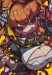 Rule 34 | 1girl, absurdres, ahoge, black jacket, blonde hair, bow, braid, breasts, brooch, cleavage, cleavage cutout, clothing cutout, collared shirt, commentary, dragon horns, dragon tail, foreshortening, from above, hairband, highres, hololive, horn bow, horn ornament, horns, huge filesize, jacket, jewelry, kiryu coco, kiryu coco (1st costume), large breasts, long hair, looking at viewer, multicolored hair, open mouth, orange hair, red eyes, red skirt, shirt, side braid, simple background, skirt, smirk, solo, streaked hair, striped, striped bow, tail, two-tone hair, virtual youtuber, white shirt, wing collar, yaya hiyayaka, yellow background