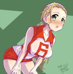 Rule 34 | 10s, 1girl, alternate eye color, artist name, blonde hair, breasts, collarbone, commentary, cowboy shot, dated, fujimaru arikui, girls und panzer, green background, green eyes, hair pulled back, hairband, hands on legs, large breasts, leaning forward, long hair, looking at viewer, one-hour drawing challenge, open mouth, red shirt, red shorts, sasaki akebi, shirt, short shorts, shorts, signature, sleeveless, sleeveless shirt, solo, sportswear, standing, sweat, volleyball uniform, white hairband