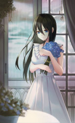 Rule 34 | 1girl, absurdres, black hair, blue eyes, blue flower, blurry, blurry foreground, bouquet, closed mouth, collarbone, dress, flower, hair between eyes, highres, holding, holding bouquet, huge filesize, indoors, long dress, long hair, looking at viewer, michelan, original, rain, ribbon, sleeveless, sleeveless dress, solo, standing, straight hair, very long hair, white dress, yellow ribbon