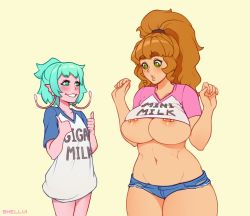 Rule 34 | 2girls, :o, aqua eyes, aqua hair, artist name, big hair, blue sleeves, blush, breasts, brown hair, clothes lift, clothes writing, collarbone, commentary, cowboy shot, curvy, denim, denim shorts, embarrassed, english commentary, english text, fins, flat chest, freckles, green eyes, grin, hands up, large breasts, long hair, long shirt, meme attire, micro shorts, mirai (shellvi), multiple girls, navel, nipple piercing, nipples, no bra, original, piercing, ponytail, raglan sleeves, shellvi, shirt, shirt lift, short hair, short shorts, shorts, smile, stomach, t-shirt, thick thighs, thighs, thumbs up, undersized clothes, w arms