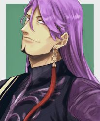 Rule 34 | 1boy, duryodhana (fate), earrings, facial hair, fate/grand order, fate (series), goatee, goatee stubble, green background, jewelry, looking at viewer, makotooo 345, male focus, mature male, purple eyes, purple hair, sash, shoulder sash, single earring, smile, solo, stubble, two-tone background, upper body, white background