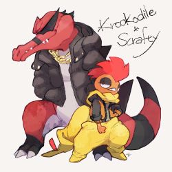 Rule 34 | chain necklace, character name, claws, clothed pokemon, commentary request, creatures (company), game freak, gen 5 pokemon, half-closed eyes, hood, hood down, hooded jacket, jacket, krookodile, necklace, nigiri (ngr24), nintendo, no humans, open clothes, open jacket, pokemon, pokemon (creature), scrafty, sharp teeth, simple background, standing, teeth, white background